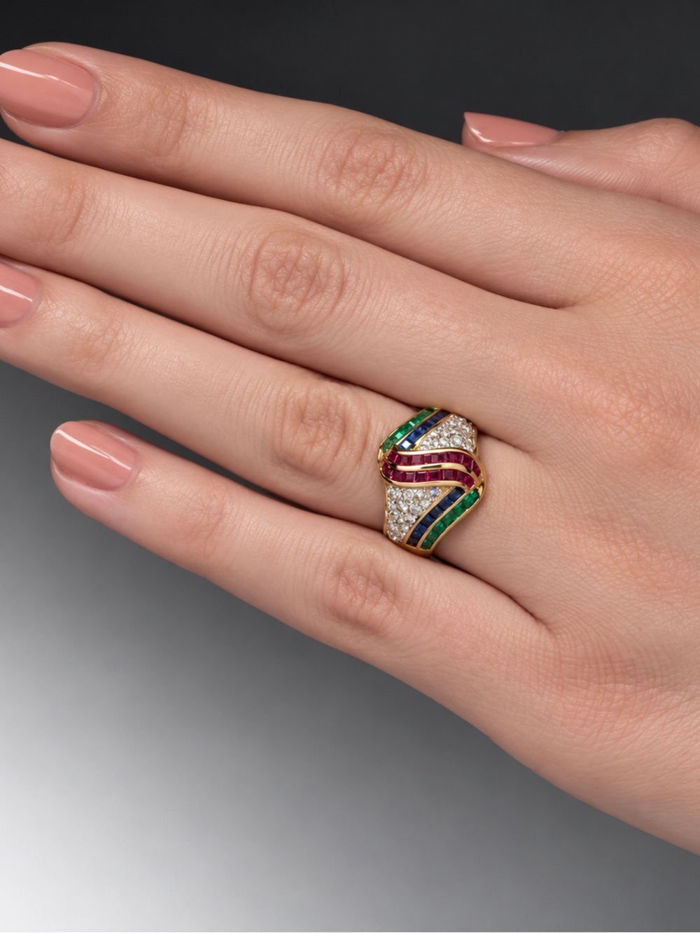 Gold Tone Multicolor Stone Wave Statement Ring (R89)